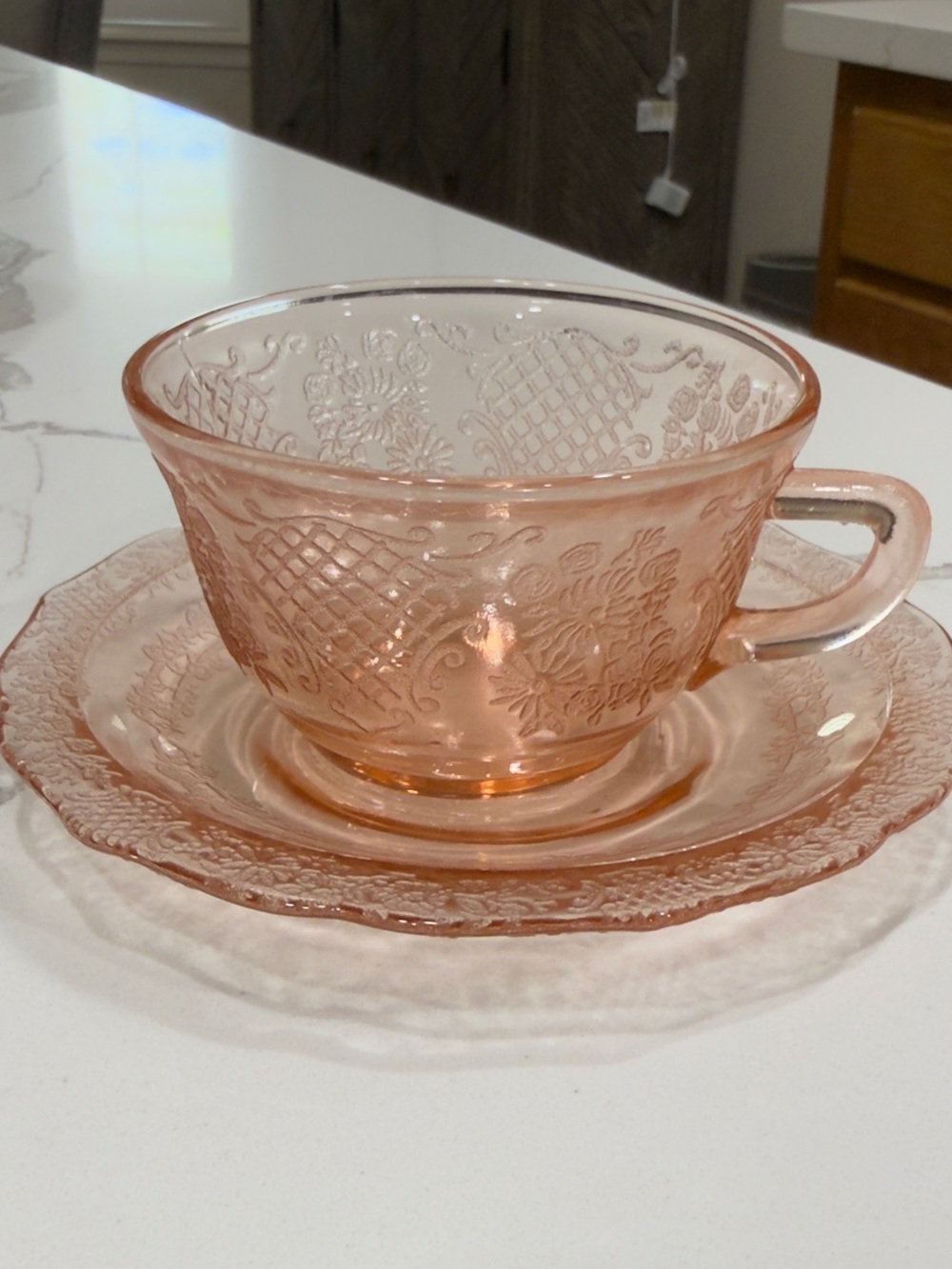 Vintage Pink Pressed Glass Tea Cup and Saucer Set